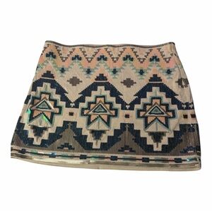 Express Sequin Mini Skirt Women’s Small Beige Boho Aztec Beaded Stretch